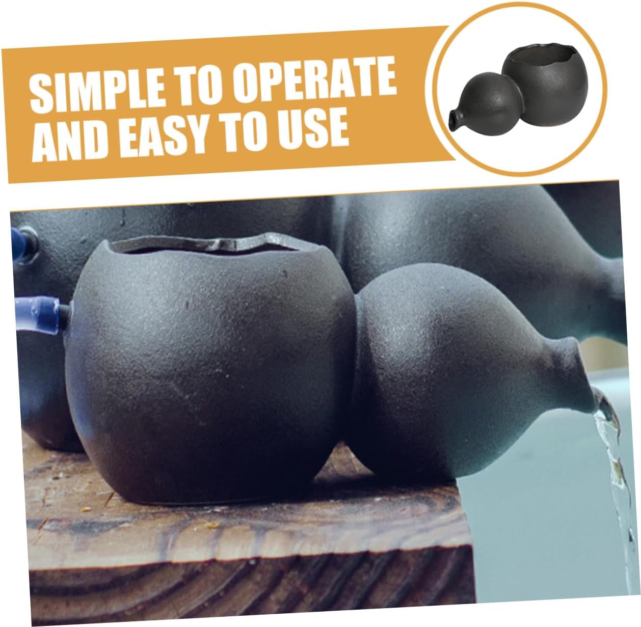 VANZACK Ceramic Gourd Waterfall Fountain Jar Tabletop Outdoor Landscape Decor Black Small No Pump Circulating Water Feature for Garden and Fish Tank