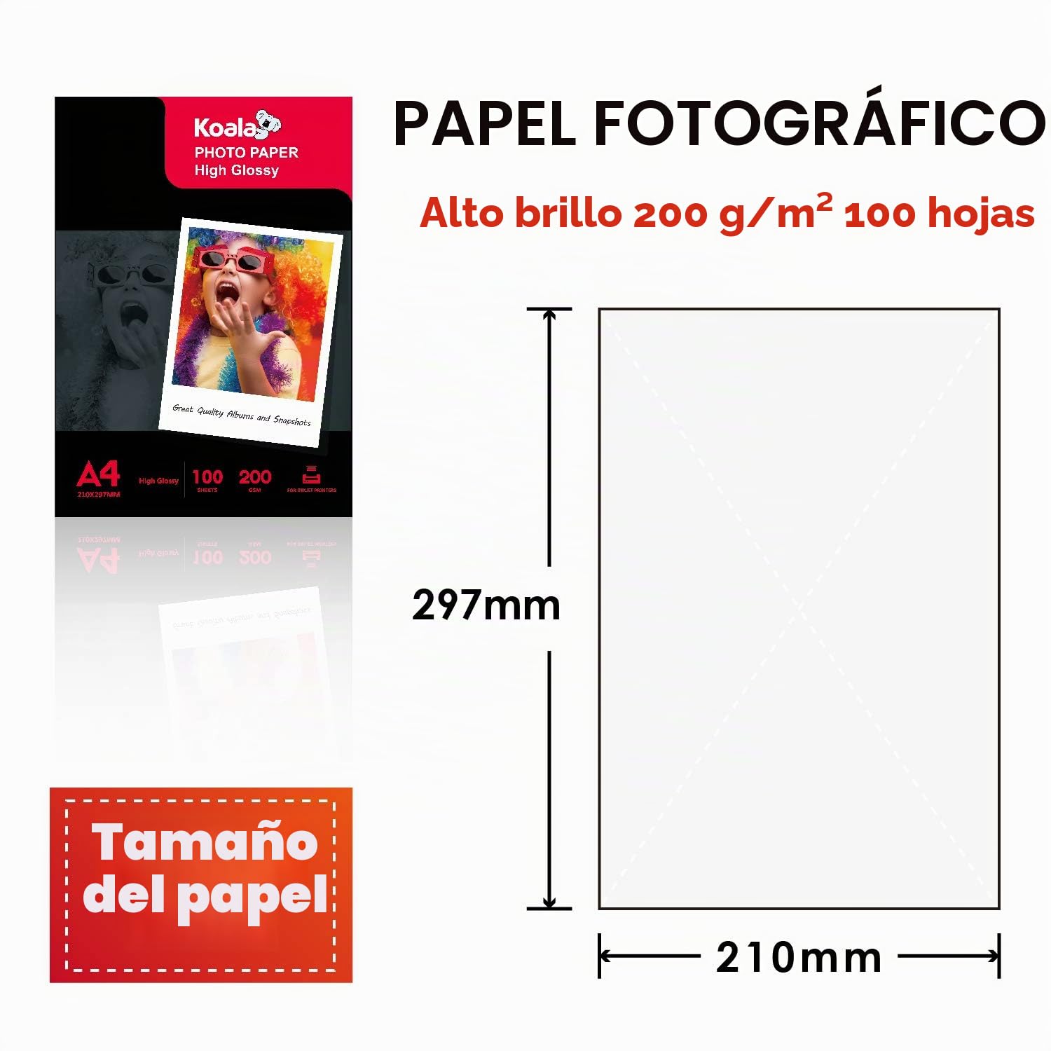 KOALA Papel fotográfico de Brillante, A4, 100 hojas, 200 g/m², para impresora de inyección de tinta Canon HP Epson