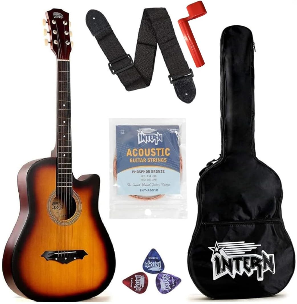 38 Inch Acoustic Guitar for Beginners with Bag, Strap, Strings, Picks & Winder | Cutaway Design | Steel String Guitar for Kids & Adults (Sun Burst)
