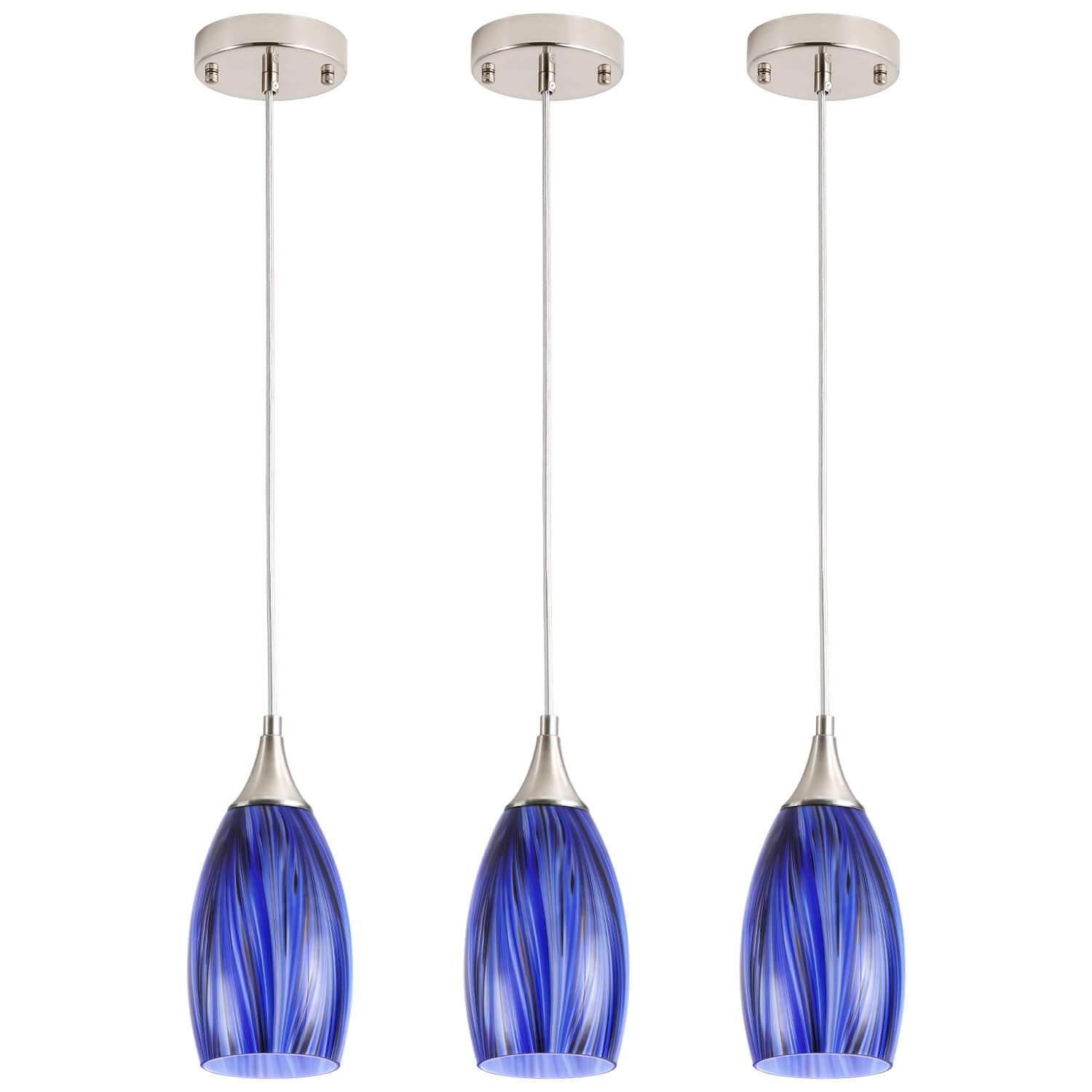 GLADFRESITDeep-Sea Blue Pendant for Kitchen Islands – Handcrafted Elegance with Adjustable Nylon Core and Ceramic Holder, Pack of 3 for Dining Room, Entryway (Bulb Excluded)