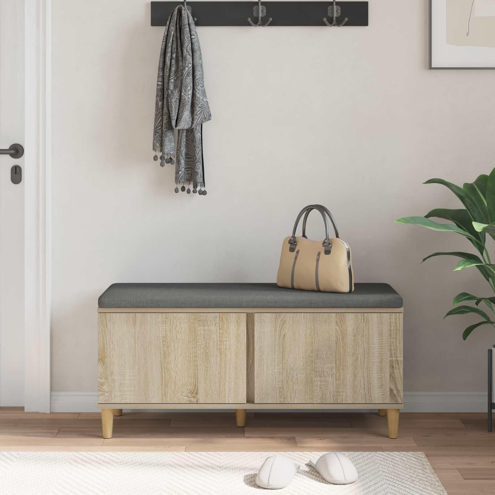 Ławka do siedzenia z miejscem do przechowywania, dąb Sonoma, 100 x 38 x 46 cm, ławka do przedpokoju z poduszkami, przechowywanie butów z regałem, ławka do skrzyni do przedpokoju, sypialni