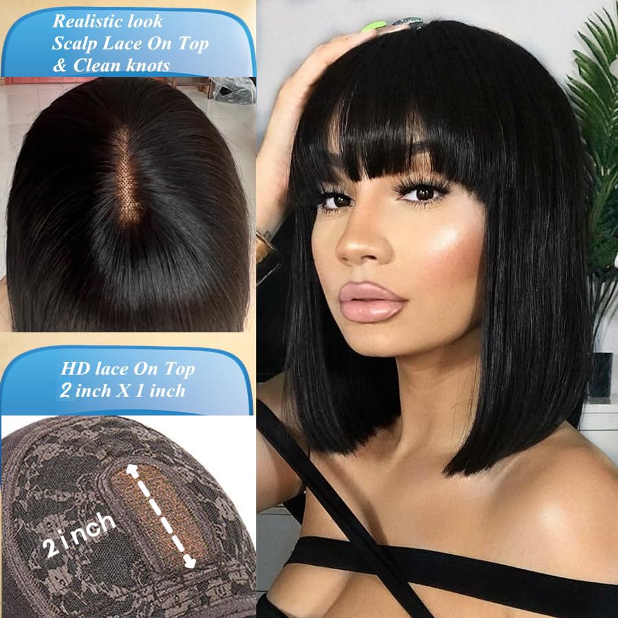 16 inches Bob Wigs Human Hair with Fringe 180% Density Bob Glueless for Women Upgraded 2x1Top Lace 100% Brazilian Virgin Human Hair Wigs with Bang - Image 3