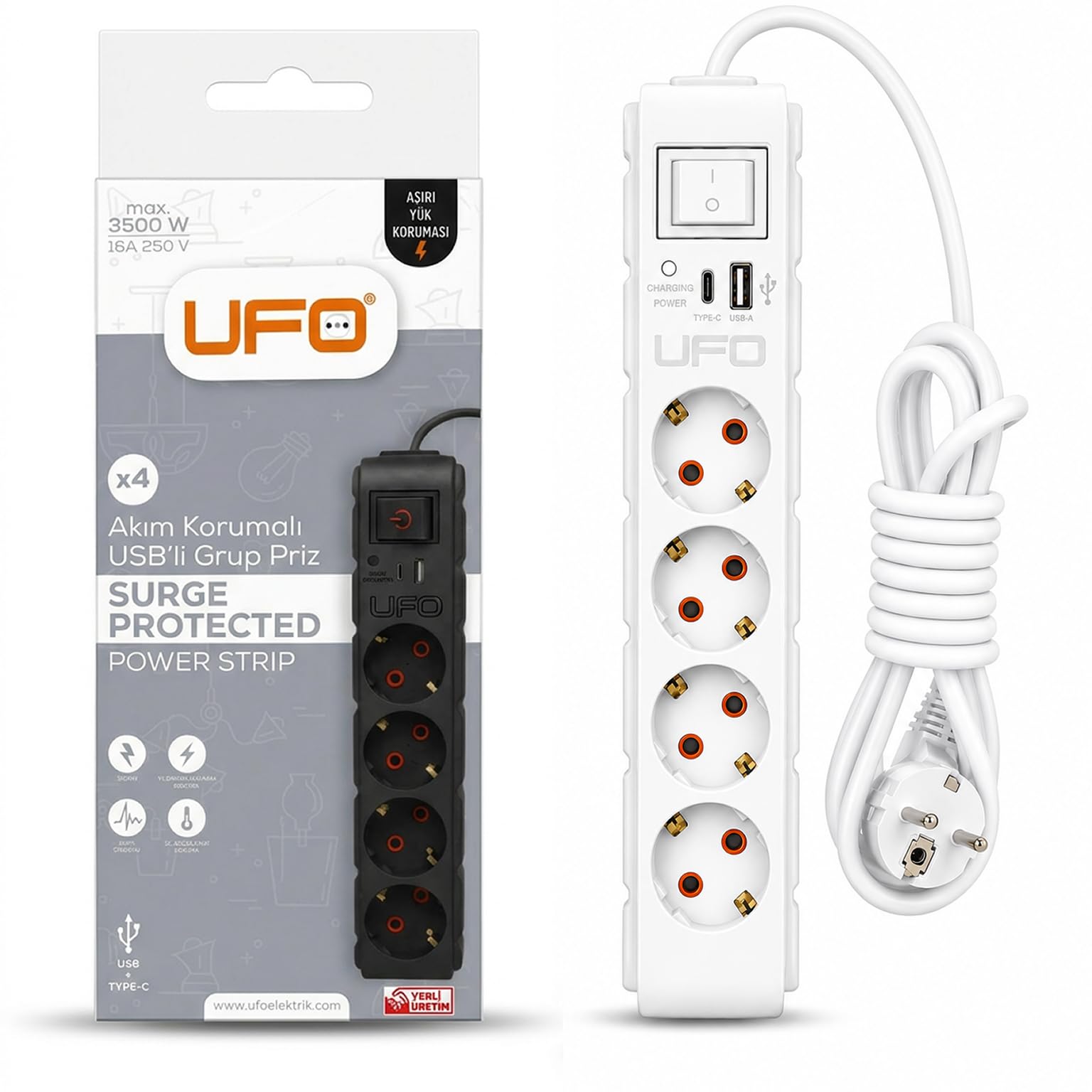 UFO Yeni 4lü Akım Korumalı Grup Priz 5 Metre Bakır Kablolu, 5V 2,4A USB ve Type-C ile Şarj, Anahtarlı Topraklı Priz, Sürekli Koruma, 16A 250V, Max 3500W Aşırı Yük Koruması, 5m. Beyaz renk
