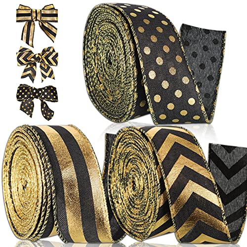 1.5 Inch Wedding Ribbon Wired Burlap Stripes Ribbon for Wreath Stripes Dots for Christmas Anniversary Bachelor Party Decor Craft 3 Rolls (Black and Gold)