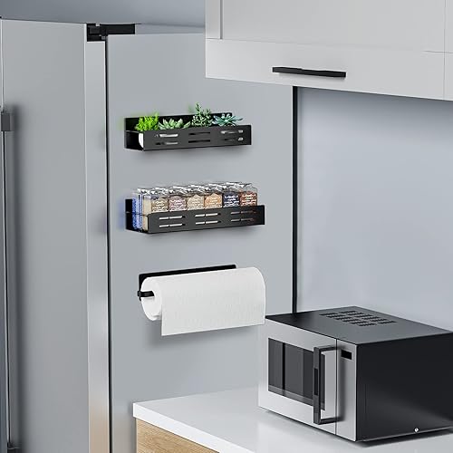 Miniatura 2 de Carwiner 3 Pack Magnetic Refrigerator Organizer with Paper Towel Holder Strong Magnetic Fridge Shelf Magnetic Spice Rack Rustproof Side Fridge