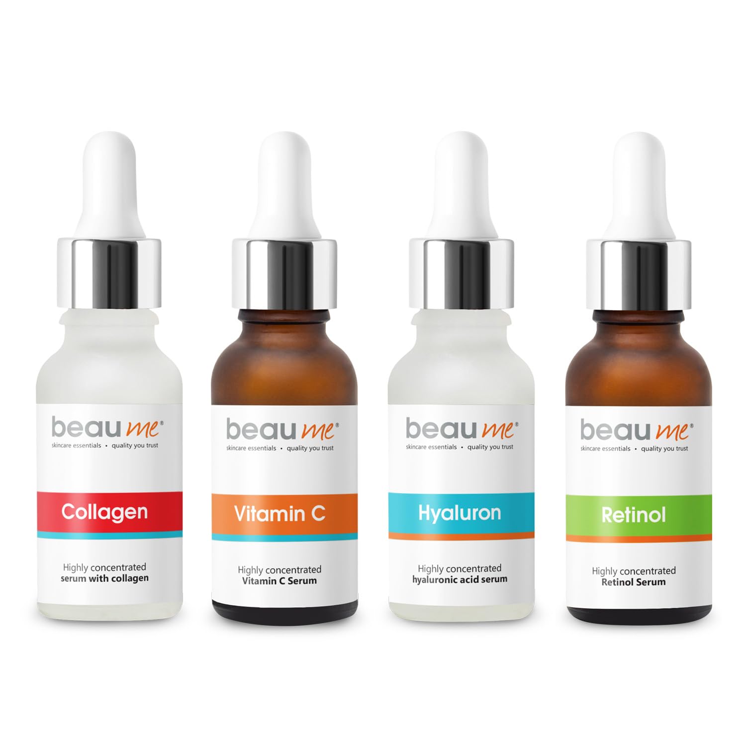 Meso Serum 4-in-1 Set: Vitamin C Serum 25%, 30ml + Collagen Serum, 30ml + Hyaluron Serum, 30ml + Retinol Serum, 30ml • Free of parabens • Made in EU (Dermaroller Serum)