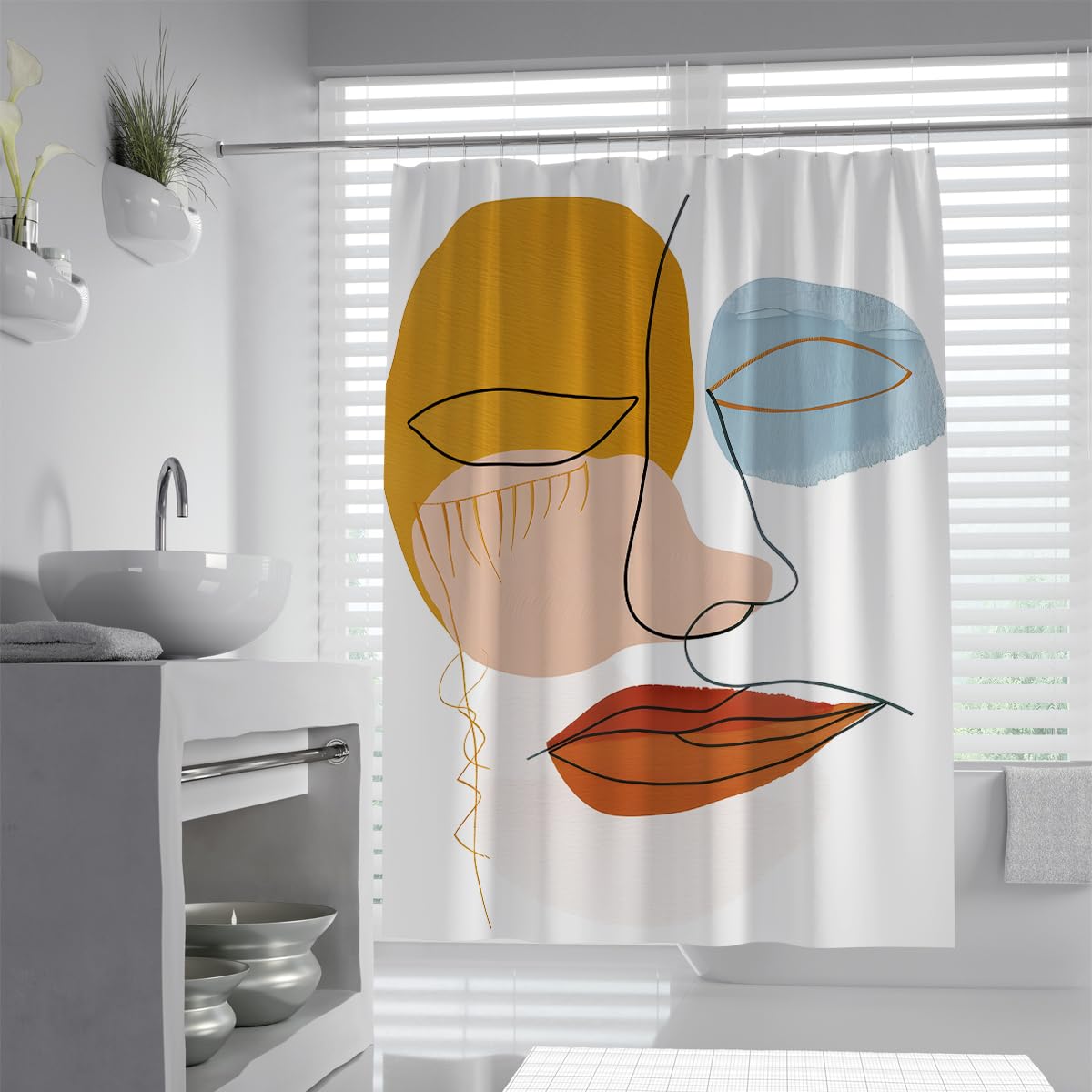 Uiringart Shower Curtains Yellow Blue Abstract Face Art W180xl200cm Modern Boho Mildew Resistant Waterproof Bathroom Curtain Bath Tub Curtain With Hook