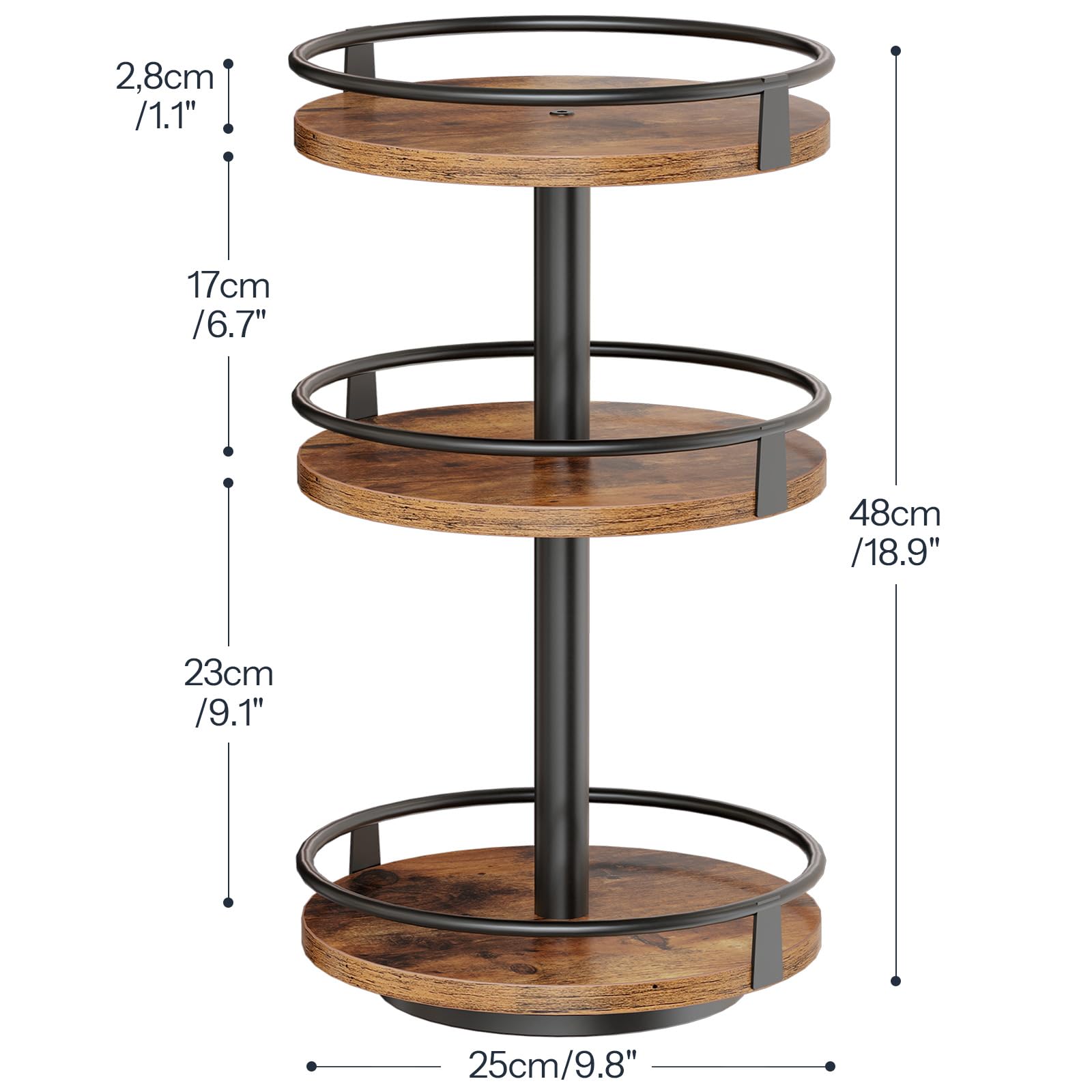 HOOBRO Gewürzregal, Küchenregal, 3-stufiger drehbarer Gewürzständer, Küchen-Organizer, Gewürzhalter, für Küchentheke, Schminktisch, Esstisch, rustikales Braun und Schwarz EBF09TL01