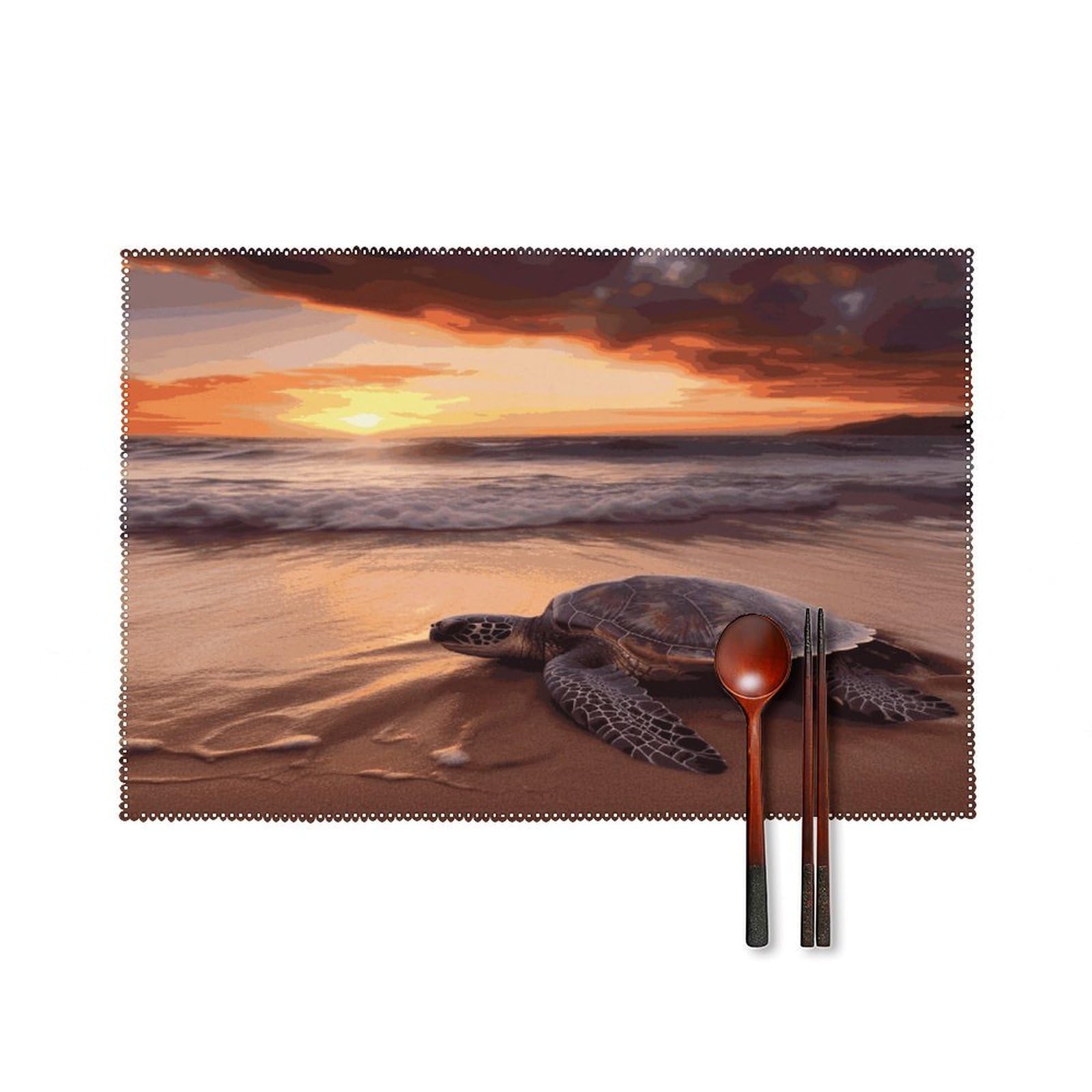Sea Turtle Sunset Placemats Set of 6 Heat-Resistant Washable Place Mats Wipeable Kitchen Placemat Easy to Clean for Indoor Outdoor Party Kitchen Decoration