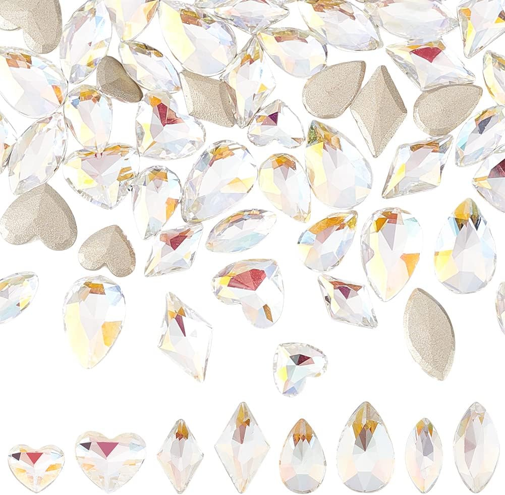 FINGERINSPIRE 64 Pcs 8 Styles K9 Glass Rhinestones Gems Crystal Flatback Rhinestones AB Color Rhombus/Horse Eye/Teardrop/Heart Crystal Jewels Embelishments with Silver Plated Back for Craft Making