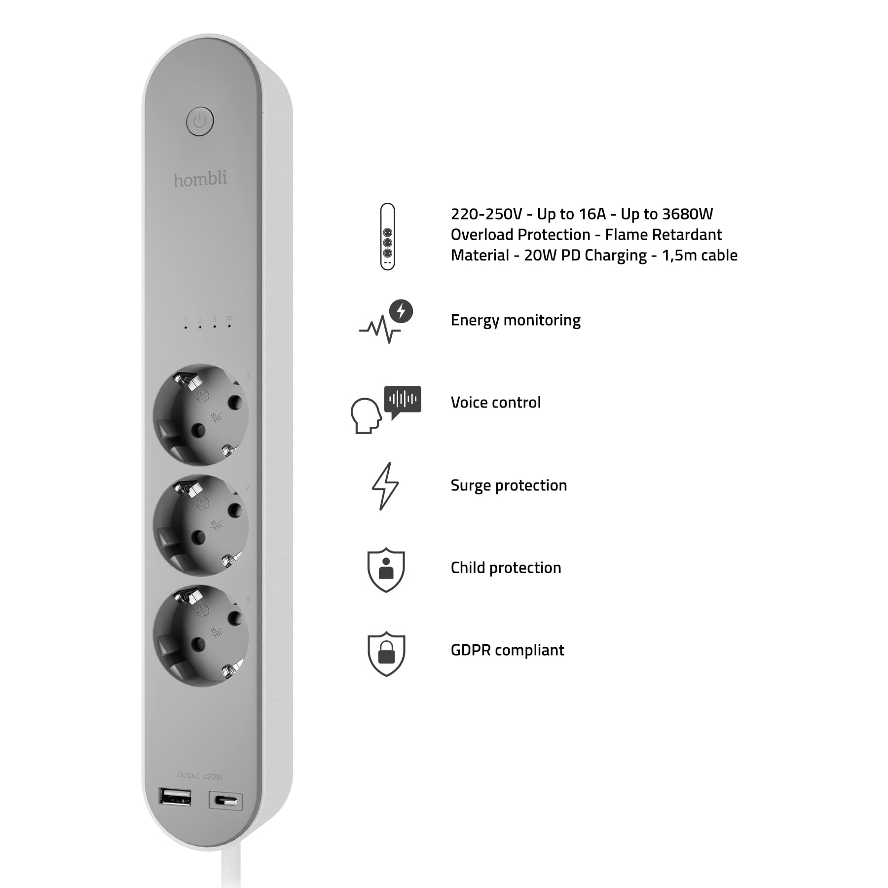 Hombli Smart Regleta con 3 Salidas AC y 2 USB | Regleta Wi-Fi con Protección contra Sobretensiones y Protección Infantil | Montaje en Pared | Cable de 1,5m | Compatible con Alexa y Google
