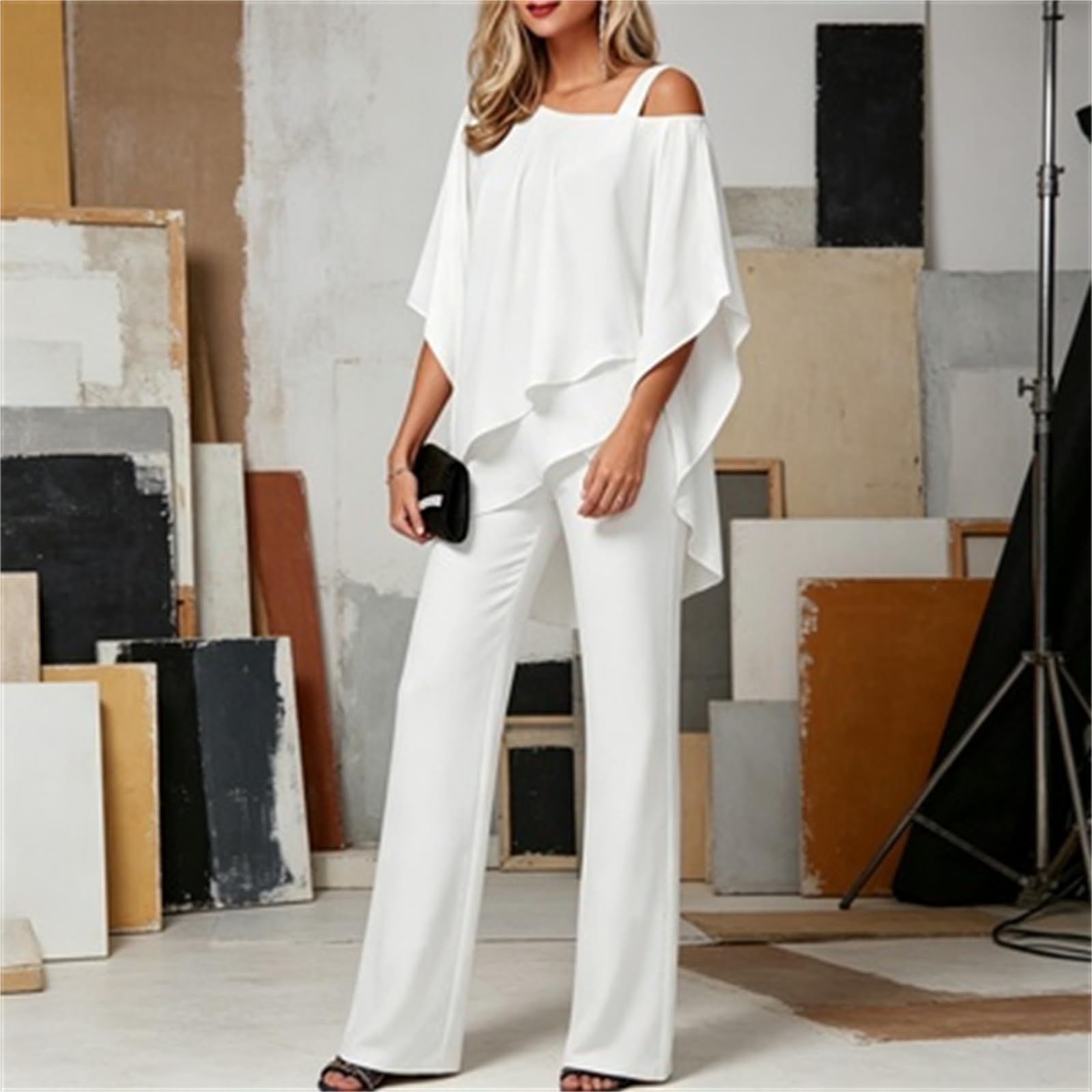 Generisch Elegantes Set aus Chiffon-Lagen-Top & Hose mit weitem Bein – Zweiteiliges Damen-Outfit mit asymmetrischem Oberteil und High-Waist-Hose für festliche Anlässe