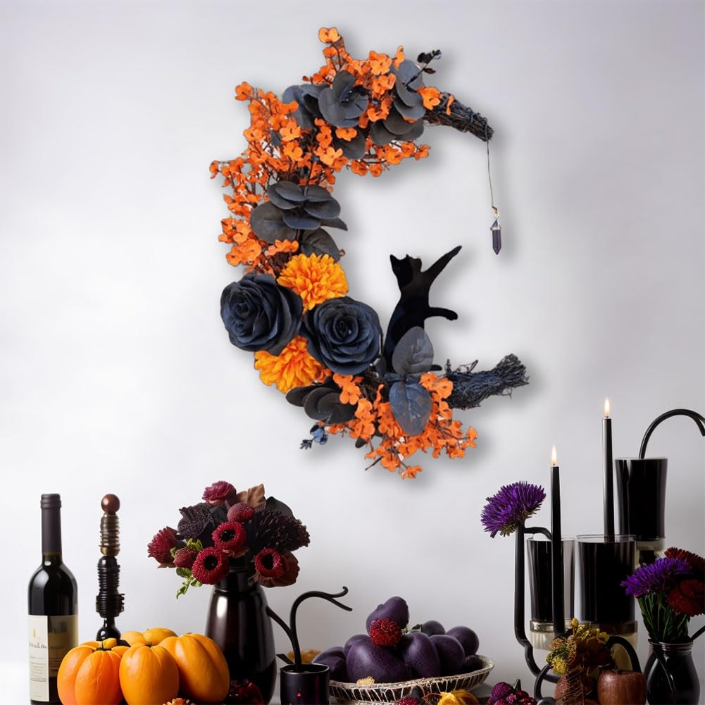 Halloween-Mondkranz mit schwarzer Katze, Halloween-Katzen-Türkranz, Halloween-Mond-Katzenkränze for Zuhause, Party, Fenster, Wand, drinnen und draußen