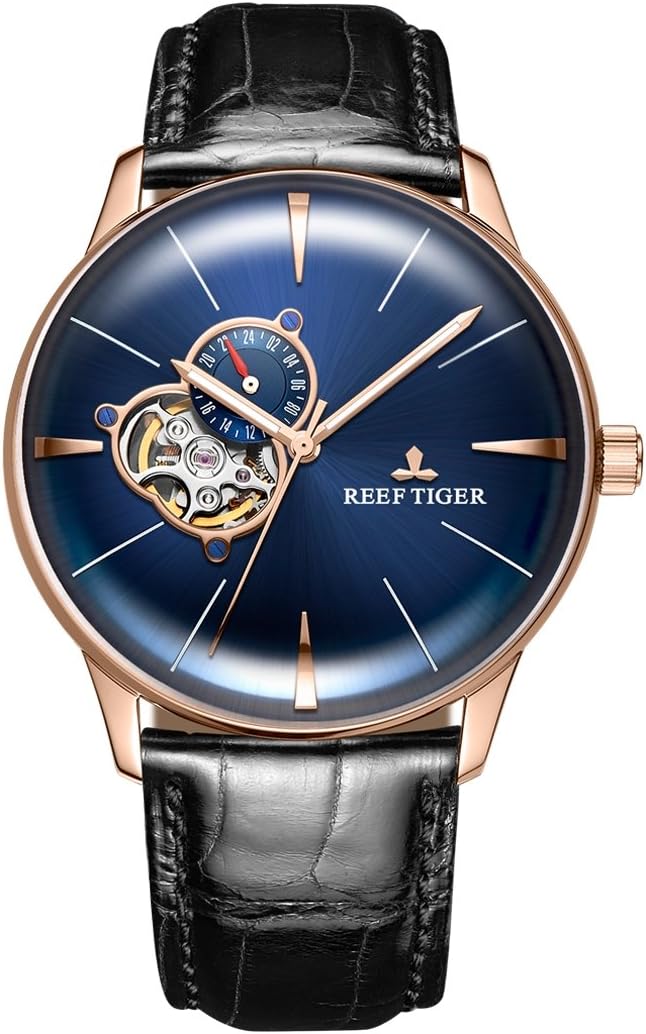 REEF TIGER Casual Blue Dial Watches Men&amp;amp;#39;s Convex Lens Automatic Watches Leather Strap RGA8239