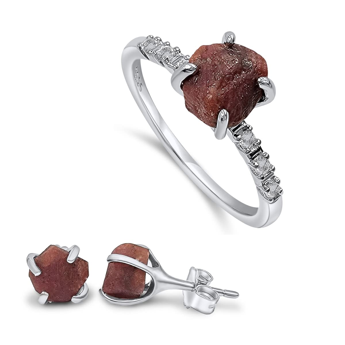 Real Raw Ruby stud Earrings and Dainty Ring Jewelry Set July Birthstone White Gold and Solid 925 Sterling Silver gift for by Uniquelan Jewelry (ruby, 9)