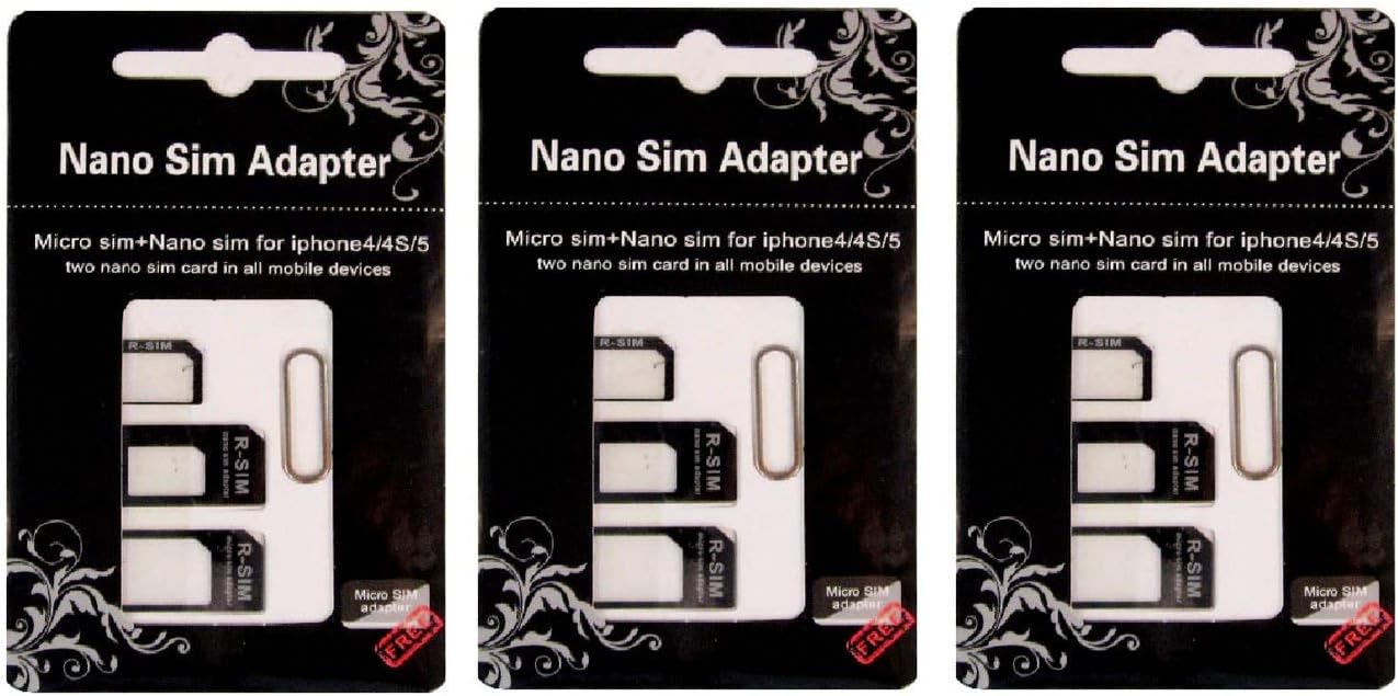SIM Card Adapter KIT 3-Pack by R-SIM (9 Total Adapters: Nano to Micro, Nano to Regular, Micro to Regular) with SIM Extractor/Pin Ejector (Black)