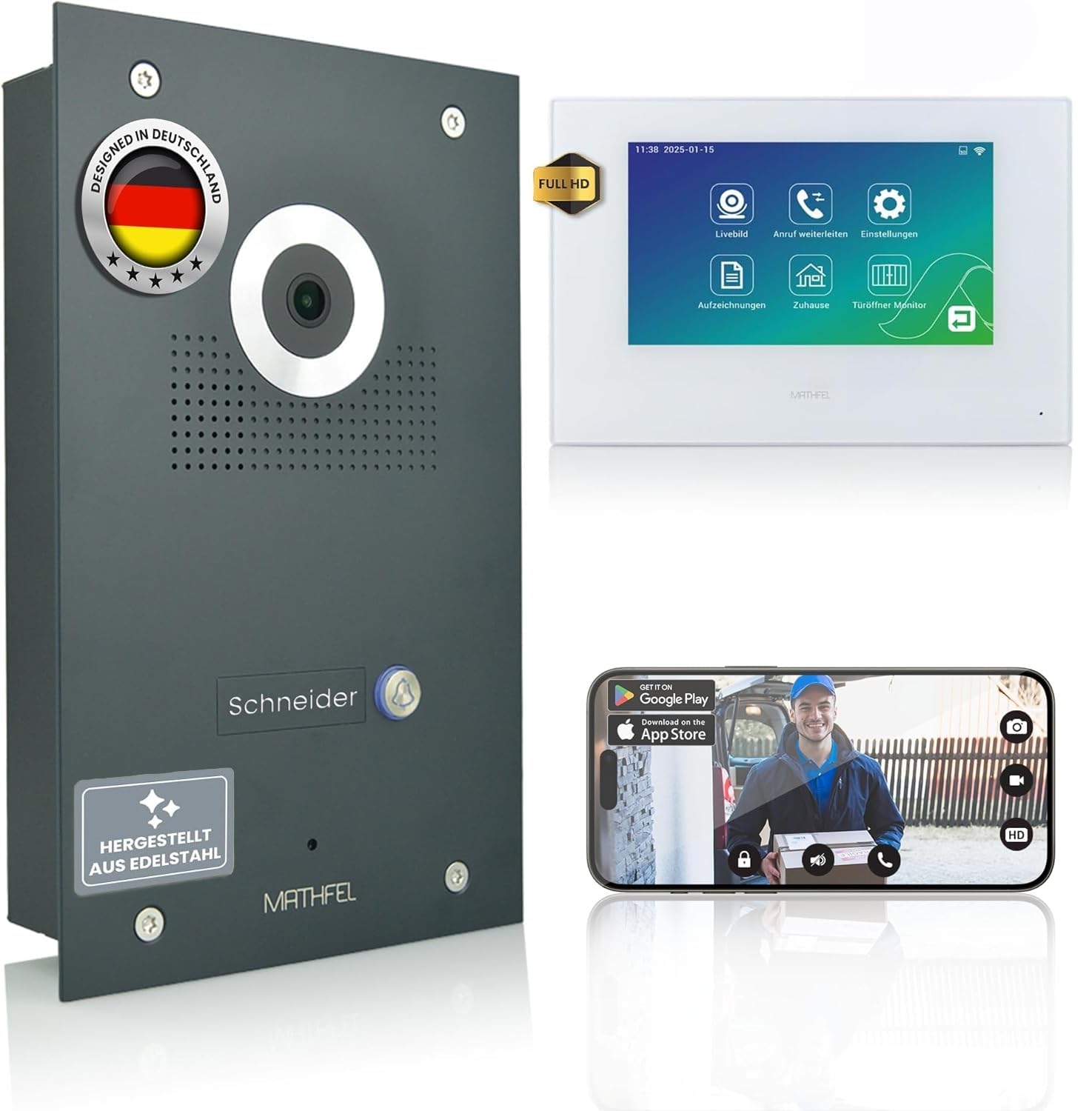 MATHFEL Video Türsprechanlage, Klingel mit Kamera und 7'' Monitor, Türklingel mit Kamera und Türöffner, Gegensprechanlage mit Türöffner - Video-Gegensprechanlage mit WLAN Full HD