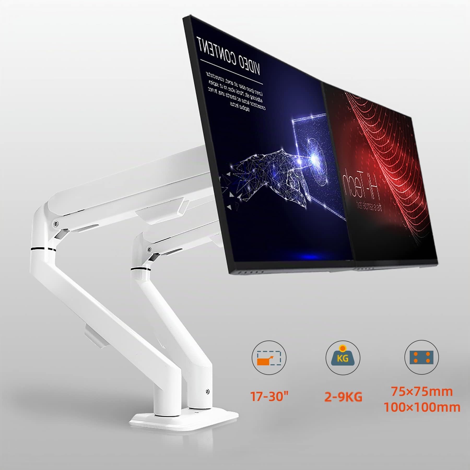 Bianco Supporto Doppio Monitor Scrivania 17-30 pollici Braccio Monitor Arm PC LED LCD Vesa 75 mm e 100 mm, 2-9kg, Molla a Gas, M22W