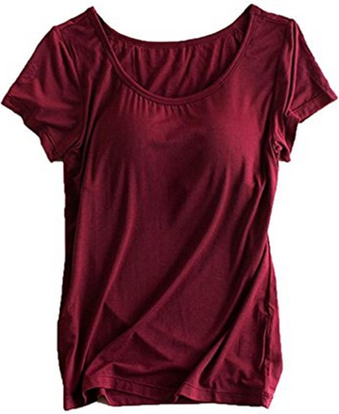 Womens Round Neck Modal Built-in Bra Tanks Tops Camisole Yoga Casual Tops T-Shirt Red M