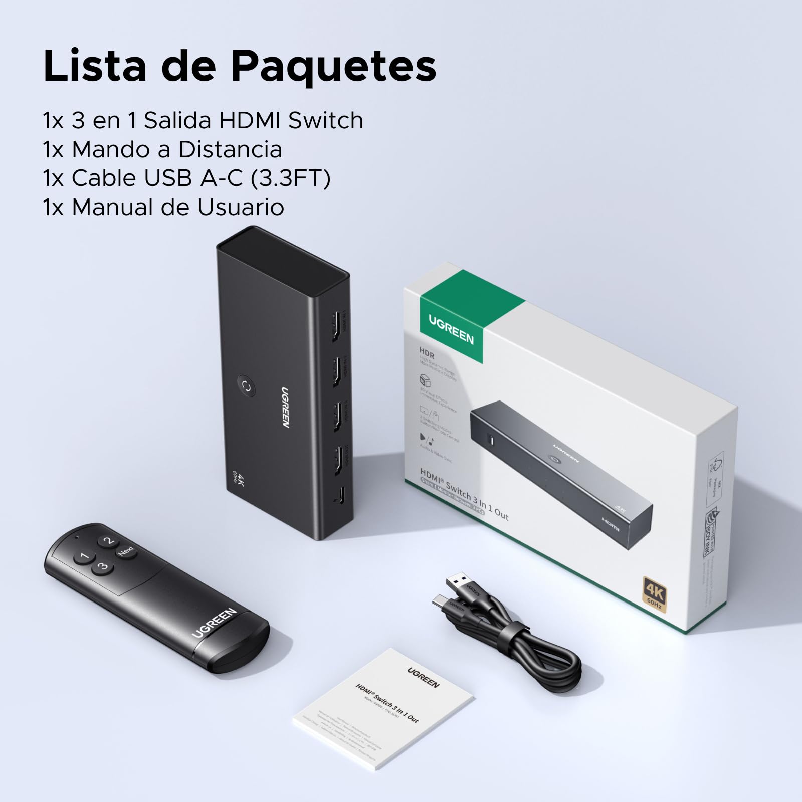 UGREEN HDMI Switch 4K 60Hz 3 Entradas a 1 Salida Conmutador 1080P 3D HDR10 Dolby Atmos con Control Remoto Compatible con Laptop PS5/4 Xbox TV Stick Box Chromecast BLU Ray DVD Proyector