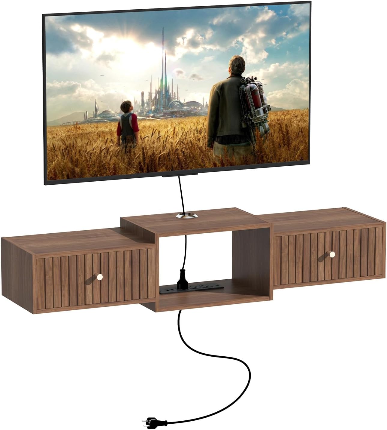 43" Floating TV Stand, Floating TV Stand Wall Mounted, Entertainment Center with Storage Long for Bedroom, Wood Floating TV Shelf for Living Room (Brown)