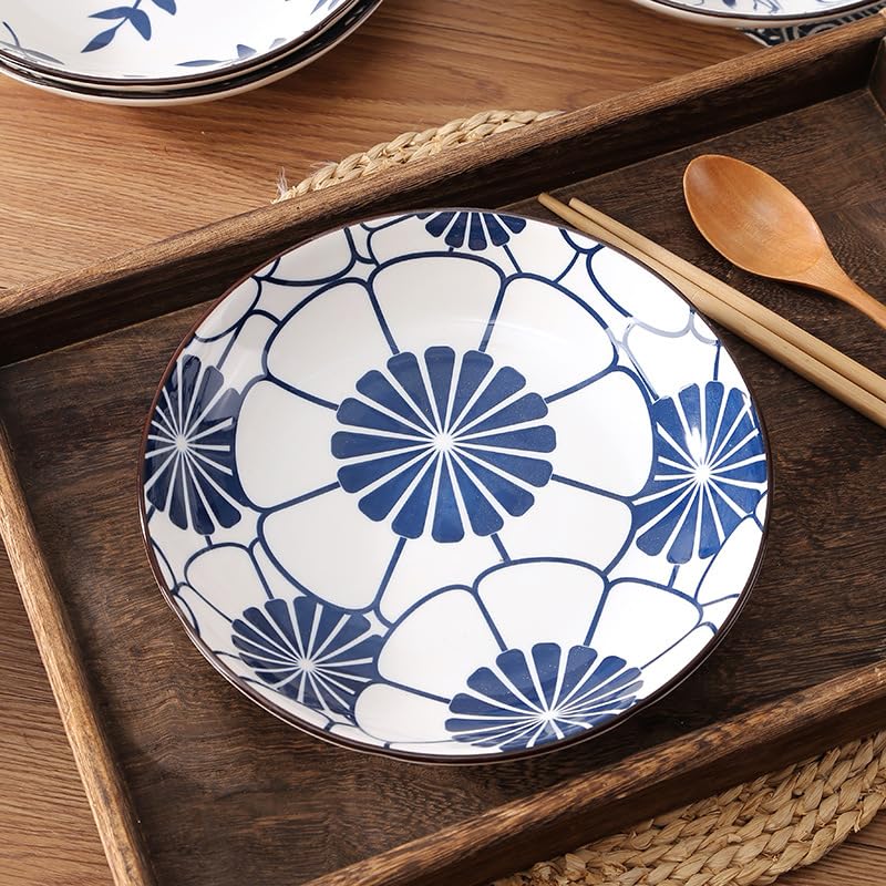 Image of 6-Piece Ceramic Dinner Set, 2 Plates & 4 Bowls, Microwave Safe, Dishwasher Safe, Floral Dinnerware (Blue White Floral, 2 Plate & 4 Bowl Set)