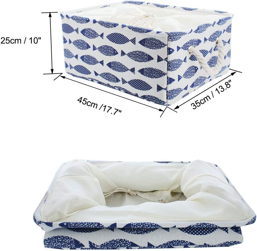 uxcell Storage Basket Bin with Cotton Handles, Fabric Storage with Drawstring Closure for Clothes Towel Toys Organizer,Laundry Basket for Home Shelves Closet X-Large Blue+Off White