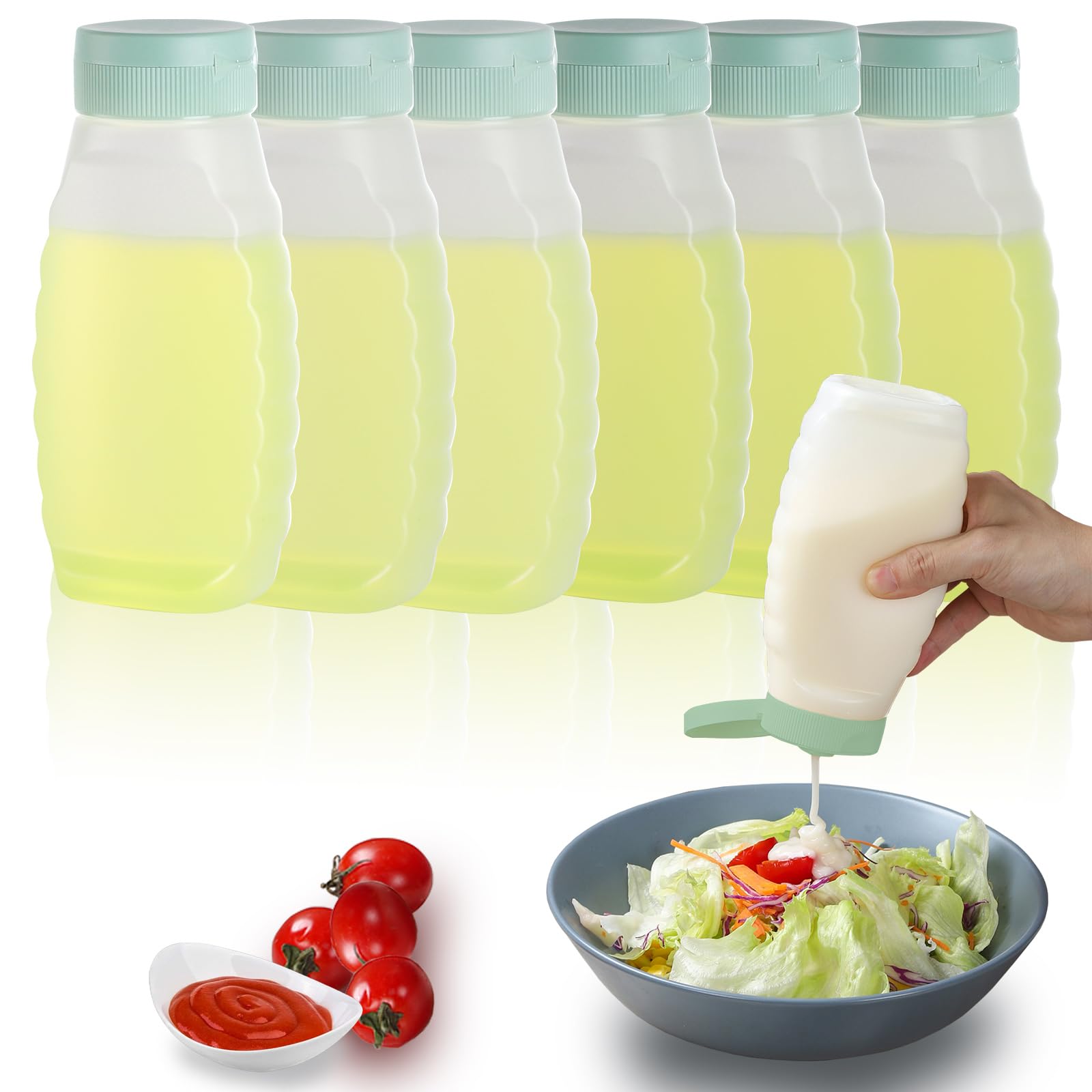 Paquete de 6 botellas de condimentos para líquidos, ketchup, aceite, mostaza, salsa picante, botellas con tapas, botellas de plástico de 380 ml para salsas, botellas de aderezo de ensalada,