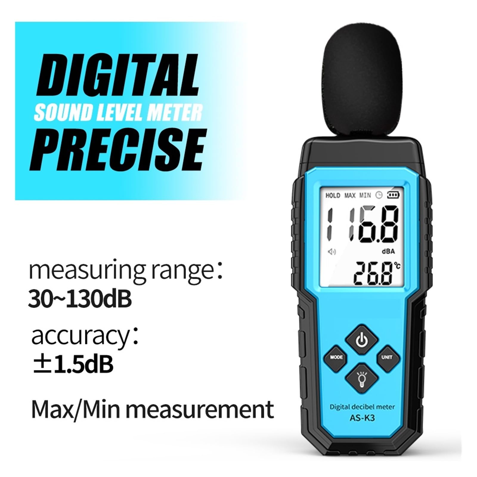 Decibelmetro, Misuratore di decibel digitale fonometro 30~130dB Misura livello sonoro rumore