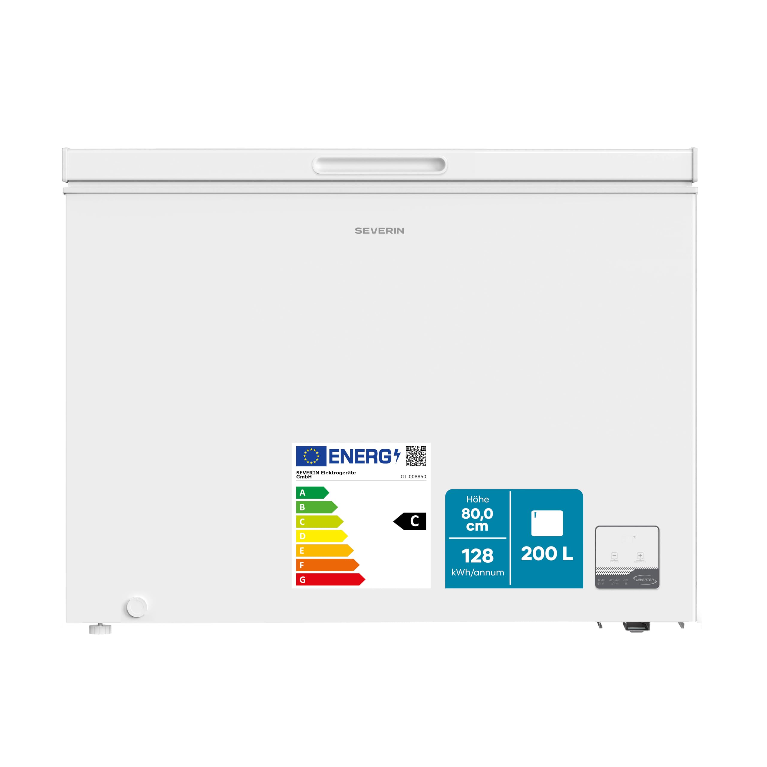 Severin Gefriertruhe, 200L, 4-Sterne-Gefrieren, -24°C, Inverter, 39 dB | Geringe Lautstärke, Freistehend, Energieeffizienzklasse C, Inverter, 32 kg, 98,0 x 54,6 x 82,5 cm, freezer, weiß, 8849