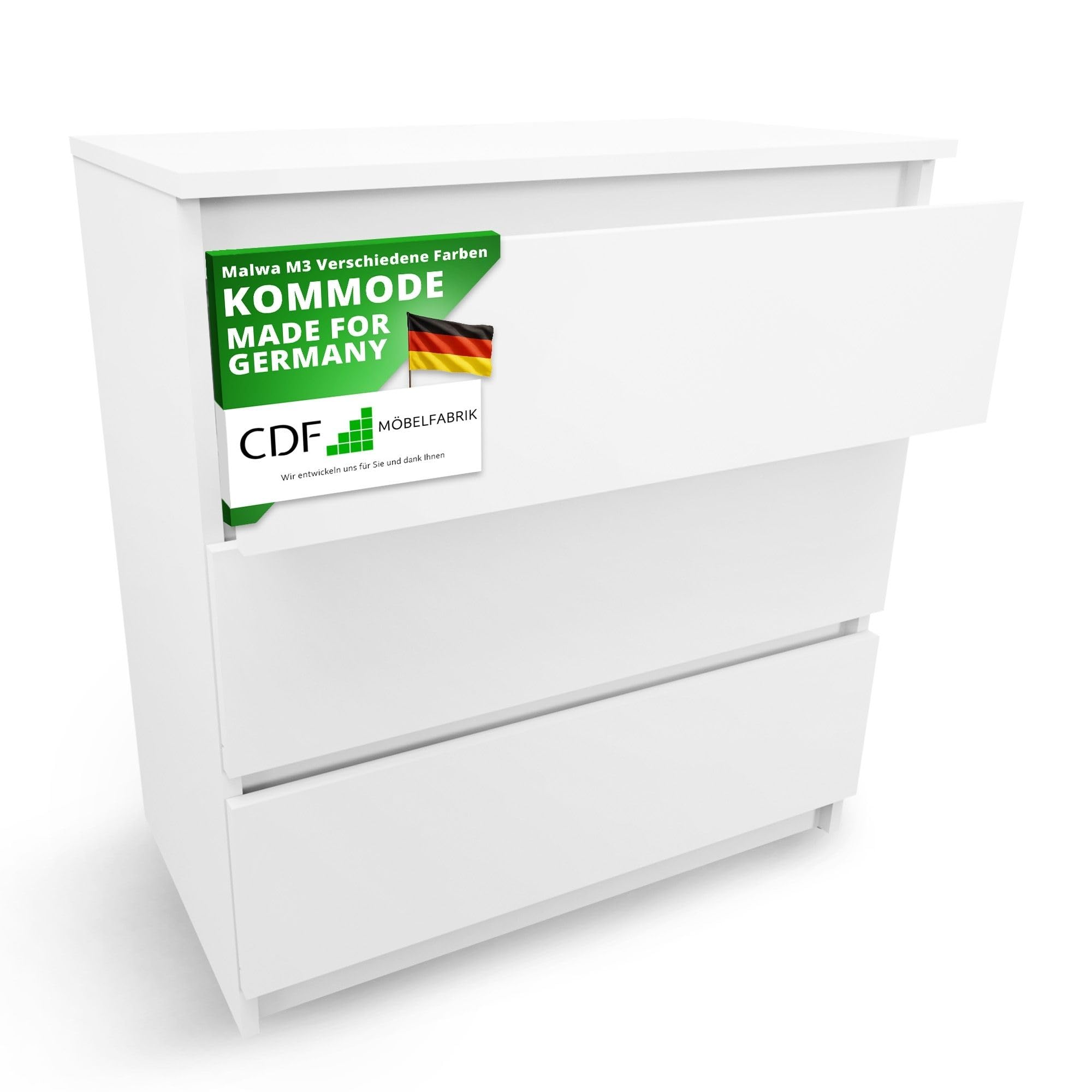 CDF Kommode mit Schublade Weiß Schrank Schubladenschrank 3 Schubladen Malm Kommode viel Stauraum Geeignet für Wohnzimmer Schlafzimmer Komodenschrank Organizer Kleidung 40T x 70B x 75H cm
