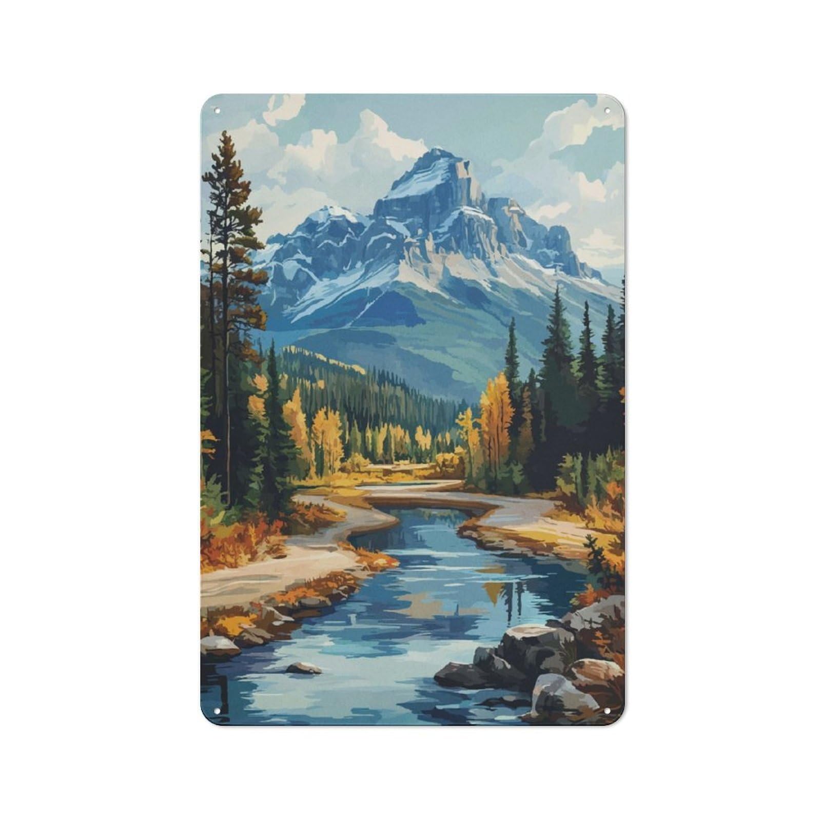 Junmoney Mountain River Landscape Retro Tin Sign 30X20cm For Man Cave Or Games Room, For Collectors Decorating Games Rooms And Man Caves