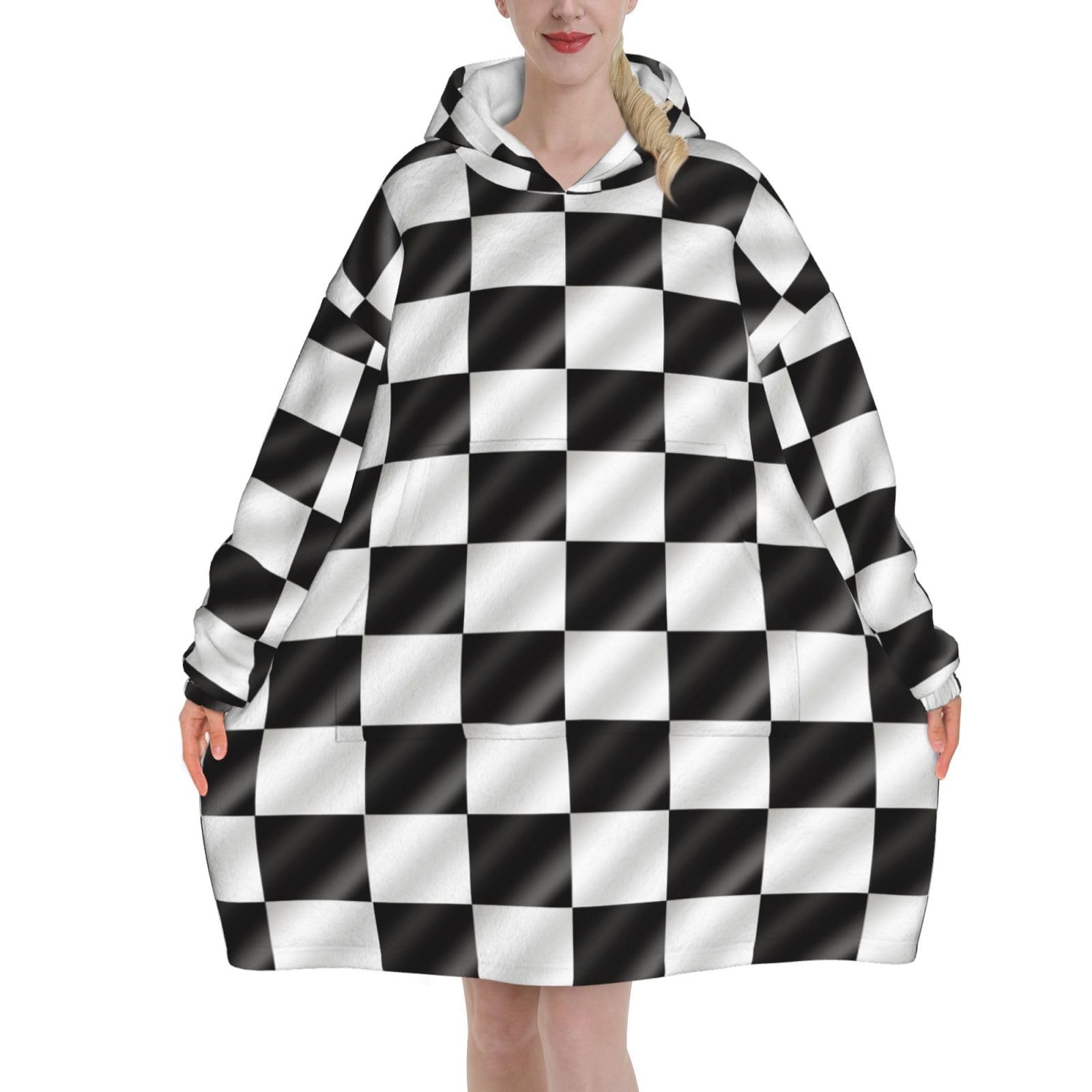 Racing Flags Checkered Flag Blanket Hoodies For Women And Men Adult Oversize Wearable Blanket Hoodies For Soft And Warm