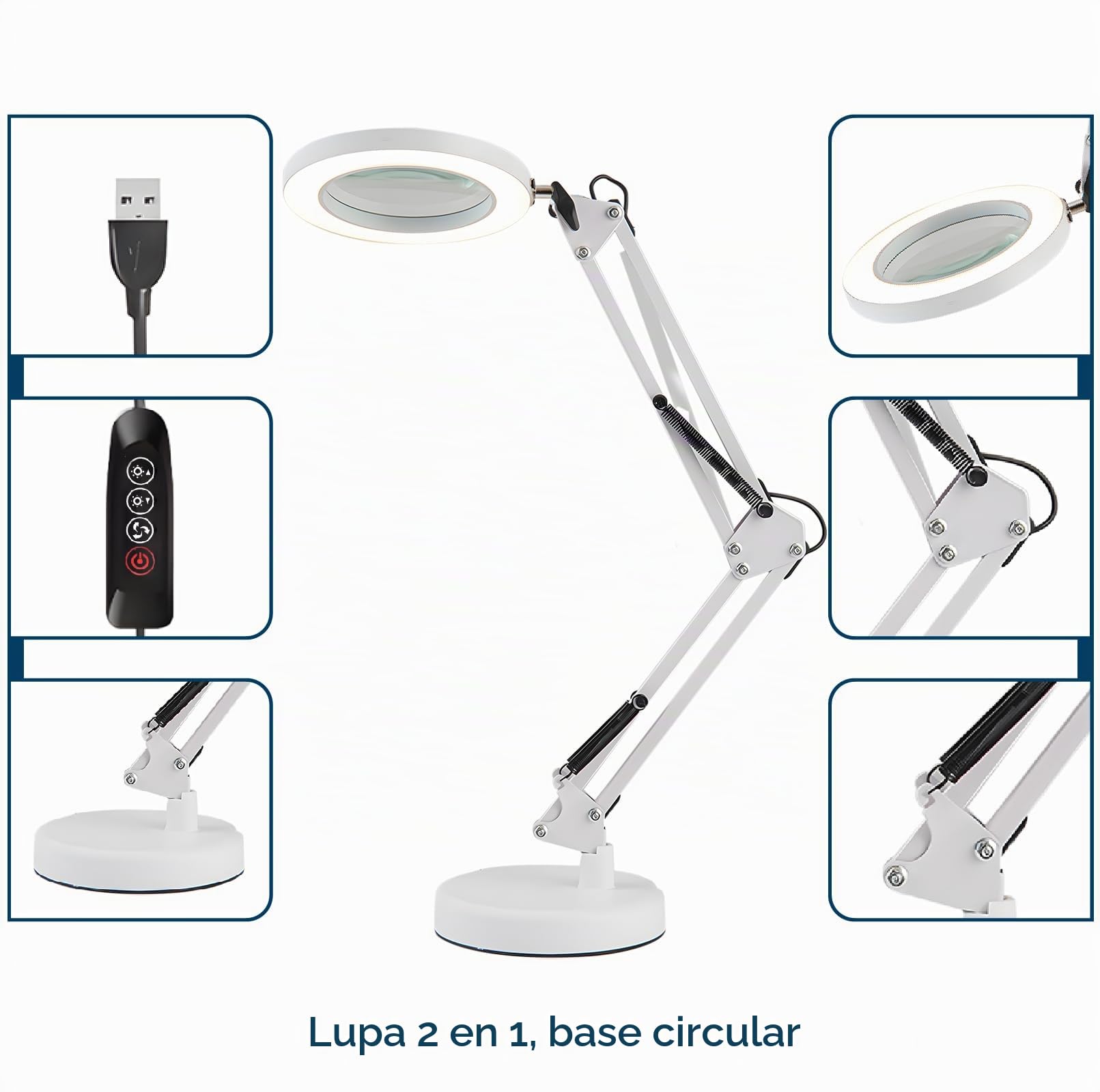 2 en 1 Lupa con Luz y Soporte,Lámpara de Escritorio,con Lupas de 5X,10 Niveles de Brillo Ajustables, Brazo Giratorio Ajustable,para Cosméticos, Práctica Artesanal, Ayuda a La Lectura, Lupa