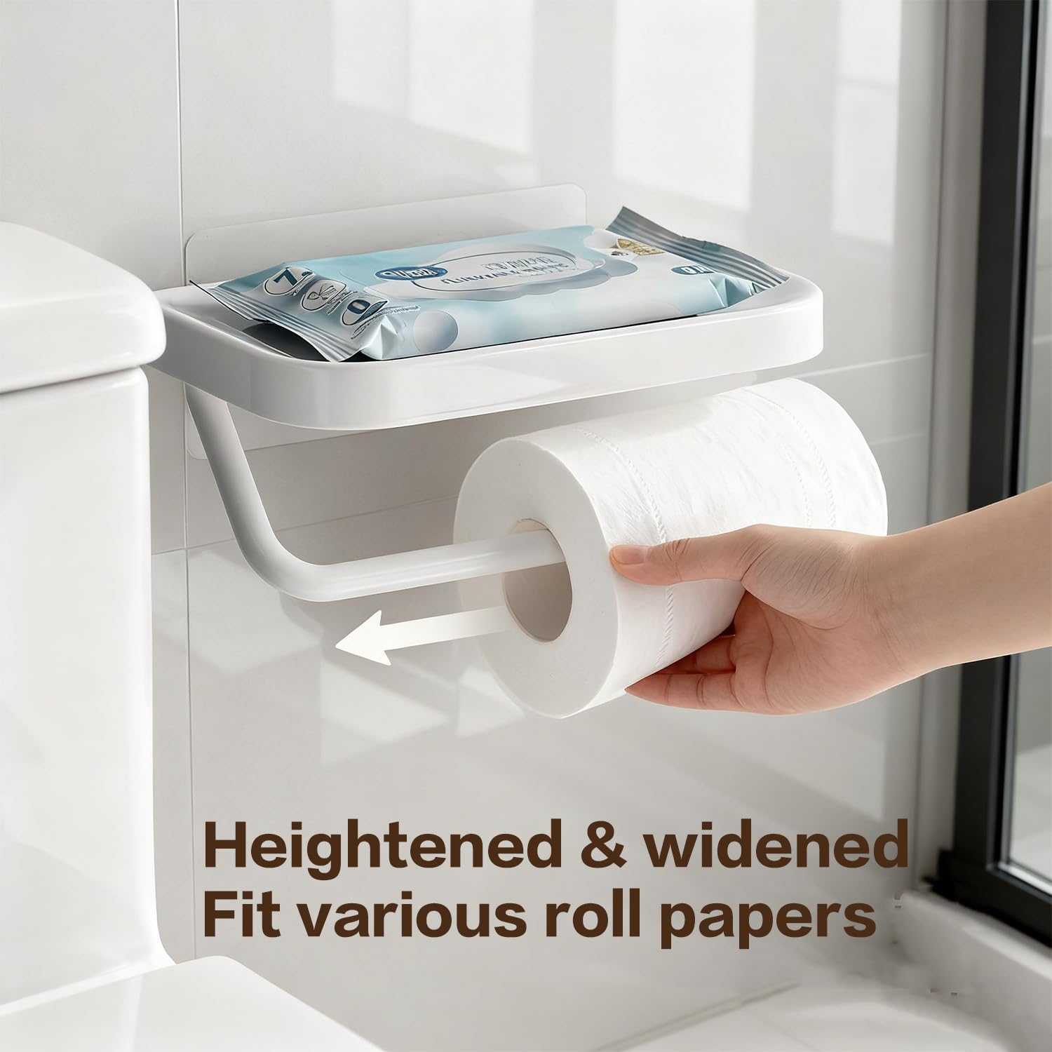 Self Adhesive Toilet Paper Holder with Shelf, No Drill Wall Mounted Bathroom Tissue Holder, Sticky TP Roll Holder with Phone Shelf for RV, White — Amazon image 3