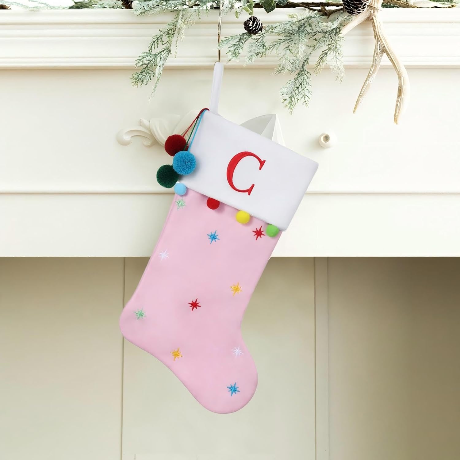 19 Inch Personalized Monogram Initial Christmas Stocking, Embroidered Fleece Stockings with Stars & Pom Poms, Holiday Fireplace Decor for Xmas Party,Festive Gift- Letter H - Image 4