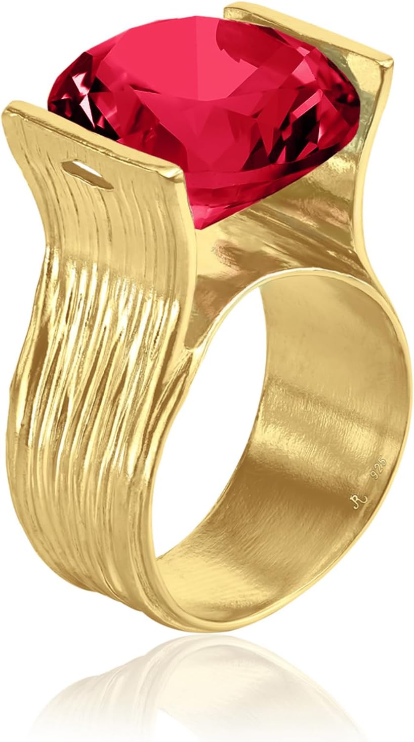 JEAN RACHEL JEWELRY 14K Gold Plated Sterling Silver Ring with 11.75 TCW Cubic Zirconia - Textured Band Vintage Design - Hypoallergenic, Lead & Nickel Free Jewelry Statement Rings for Women