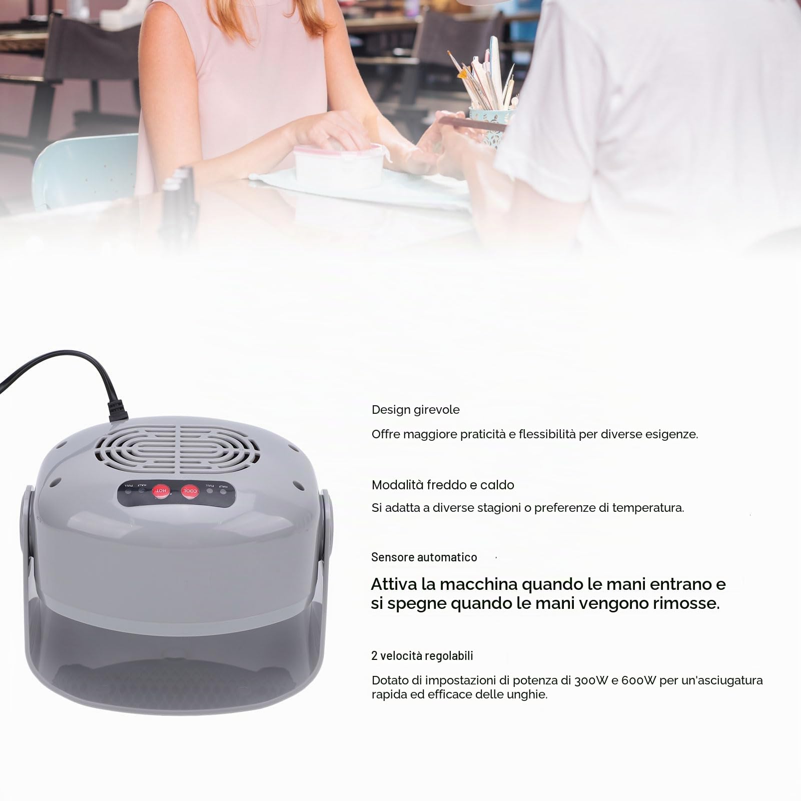 Asciuga smalto per unghie, 300 W 600 W Asciuga unghie ad aria Sensore automatico Ventola per asciugatura unghie Asciuga unghie professionale, Asciugatore a caldo e (220V