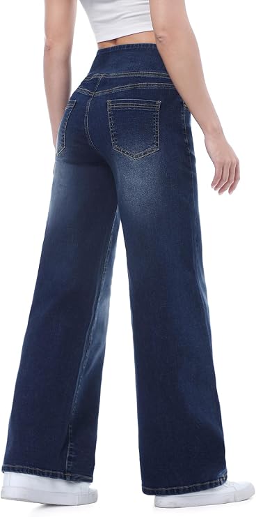Pull on Wide Leg Jeans for Women, High Waisted Stretchy Baggy Trendy Tummy Control Straight Leg Jeans Denim Pants