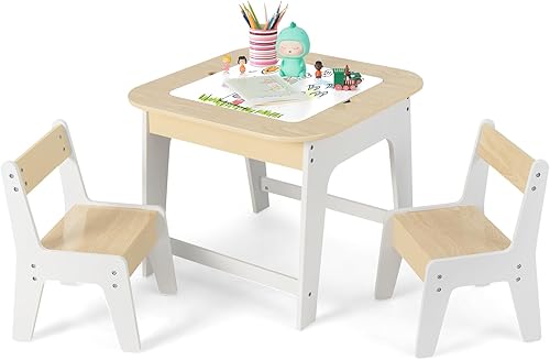 HONEY JOY Juego de mesa y silla para niños, mesa de actividades de madera 3 en 1 y 2 sillas para manualidades artísticas, pizarra reversible, 3