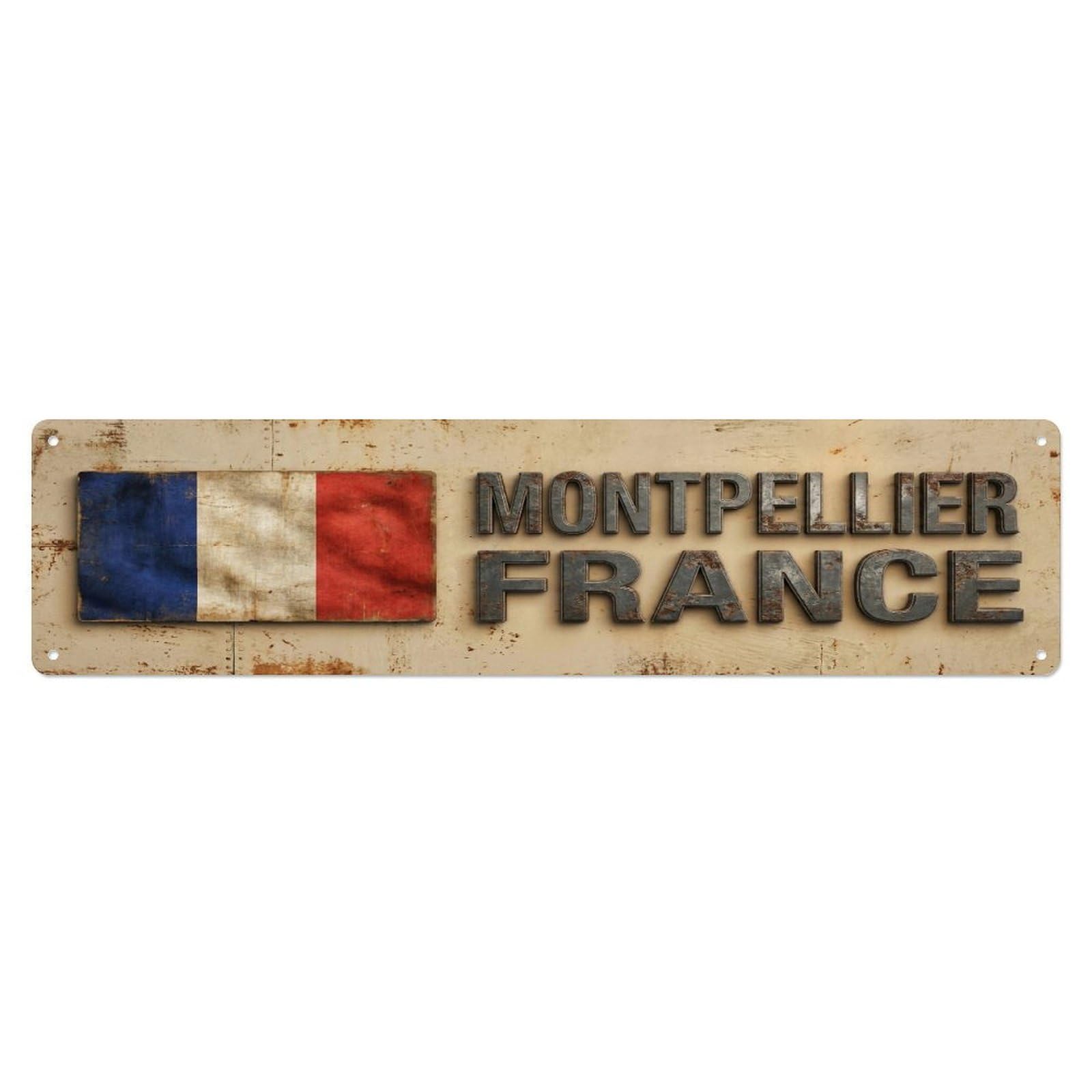 Metal Tin Sign Vintage Montpellier France Flag Decor Rustic Travel