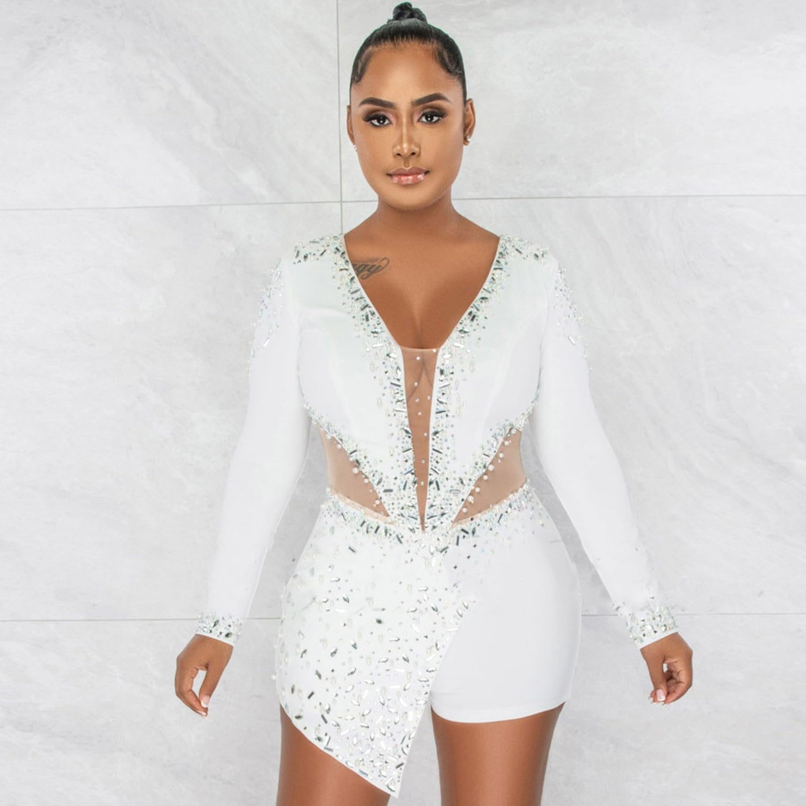 Glitzer Body Damen Party Oberteil Karneval Transparent Outfit Bodysuits Mesh Sexy Blusebody Pailletten Langarm Spitzenbody Curvy Einteiliger Jumpsuit