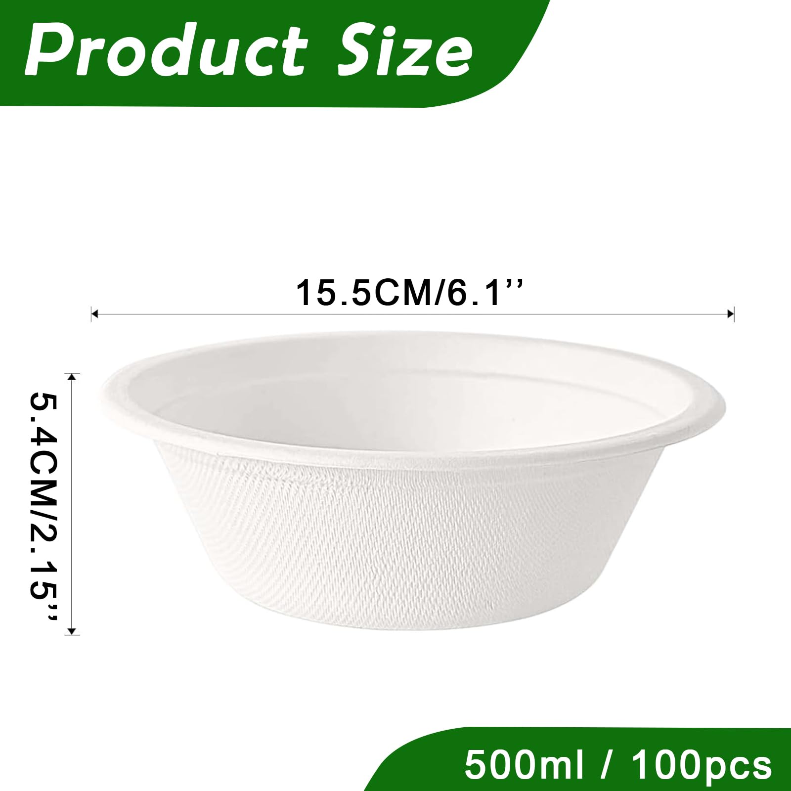 100 Pièce Bols à Soupe en Canne à Sucre, Blanc Bols Rigides en Bagasse, Bols en Carton, 500ml, Convient pour la Restauration, les Fêtes, les Food Trucks ou l'Utilisation à Domicile