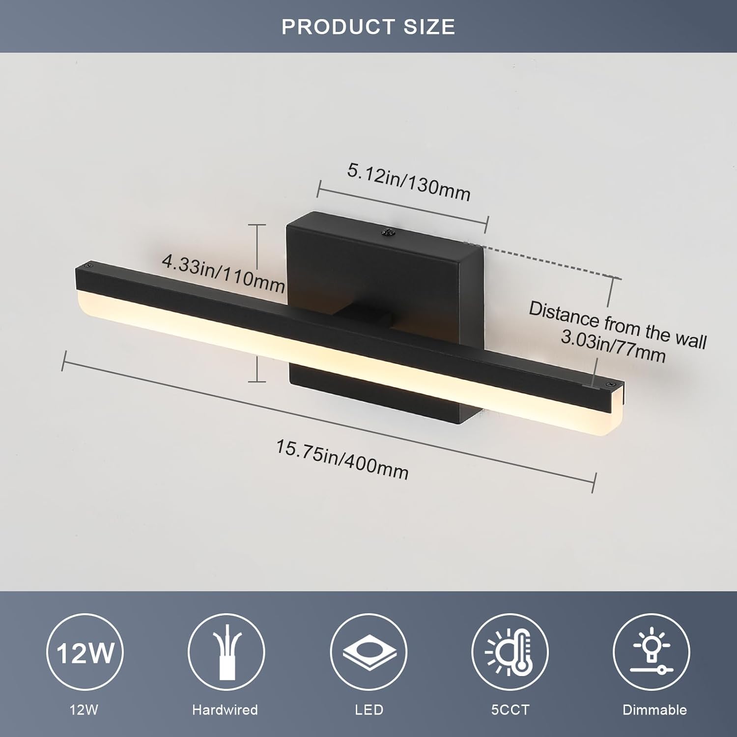 LED Modern Bathroom Vanity Light Fixtures Dimmable 5CCT 12W Lights Over Mirror Black Wall Light Bar for Bathroom 15.7 inch ETL Certificated