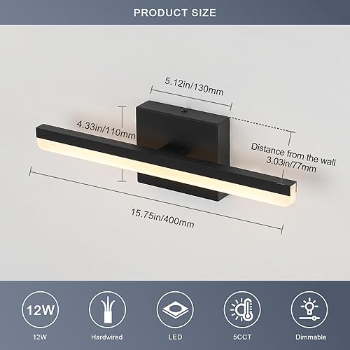 Miniatura 6 de Lámparas LED modernas para tocador de baño, regulables, 5CCT, 12 W, sobre espejo, barra de luz de pared negra para baño, 15.7 pulgadas, certificado