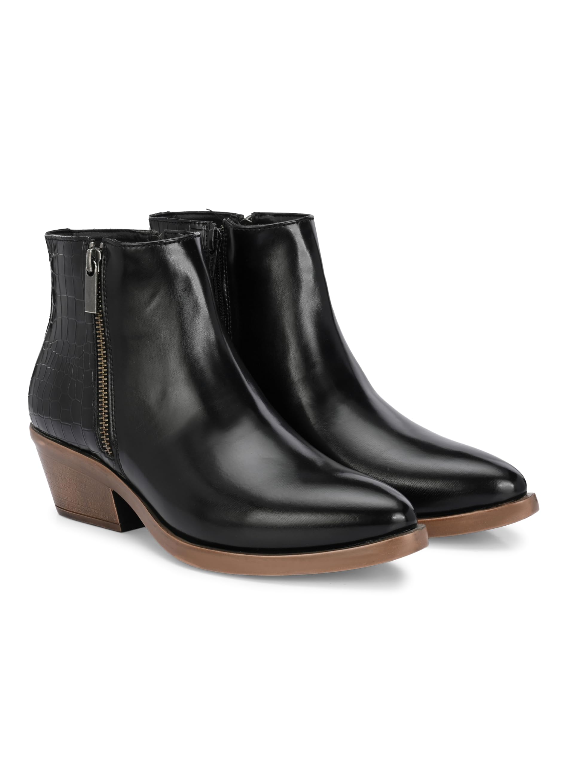 Women's Chelsea Boots Slip-On Boots for Women | Block Heel, High-Top Ankle zip Design with PU Upper, Cushioned Footbed TPR Sole Shoes for Women Casual & Winter Wear -5(BLACK) W 6012-image-4