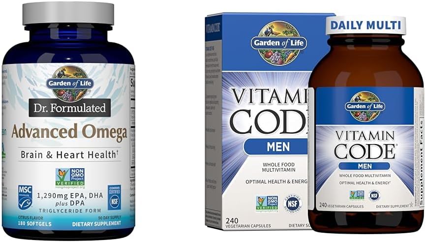Garden of Life Dr. Formulated Advanced Omega Fish Oil & Multivitamin for Men - Vitamin Code Men's Raw Whole Food Vitamin Supplement with Probiotics, Vegetarian, 240 Capsules