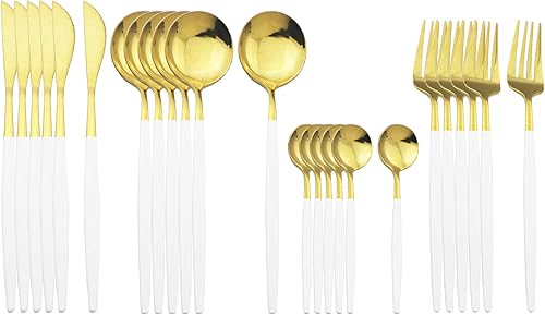 Juego de cubiertos dorados con mango blanco, 24 piezas de acero inoxidable brillante, cubiertos para 6, aptos para lavavajillas