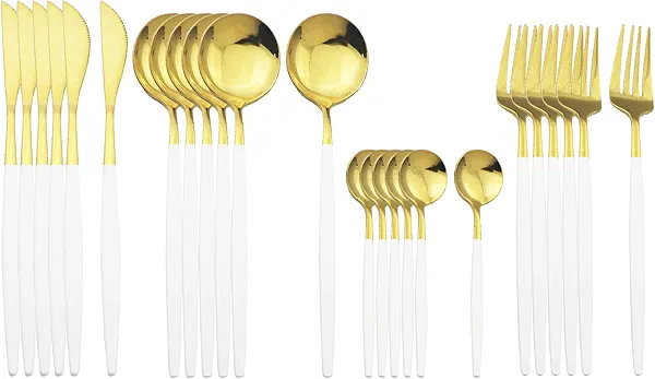 White Handle Gold Silverware Set, BRIIEC 24-Piece Stainless Steel Shiny Cutlery Eating Utensils Flatware Set for 6, Dishwasher Safe