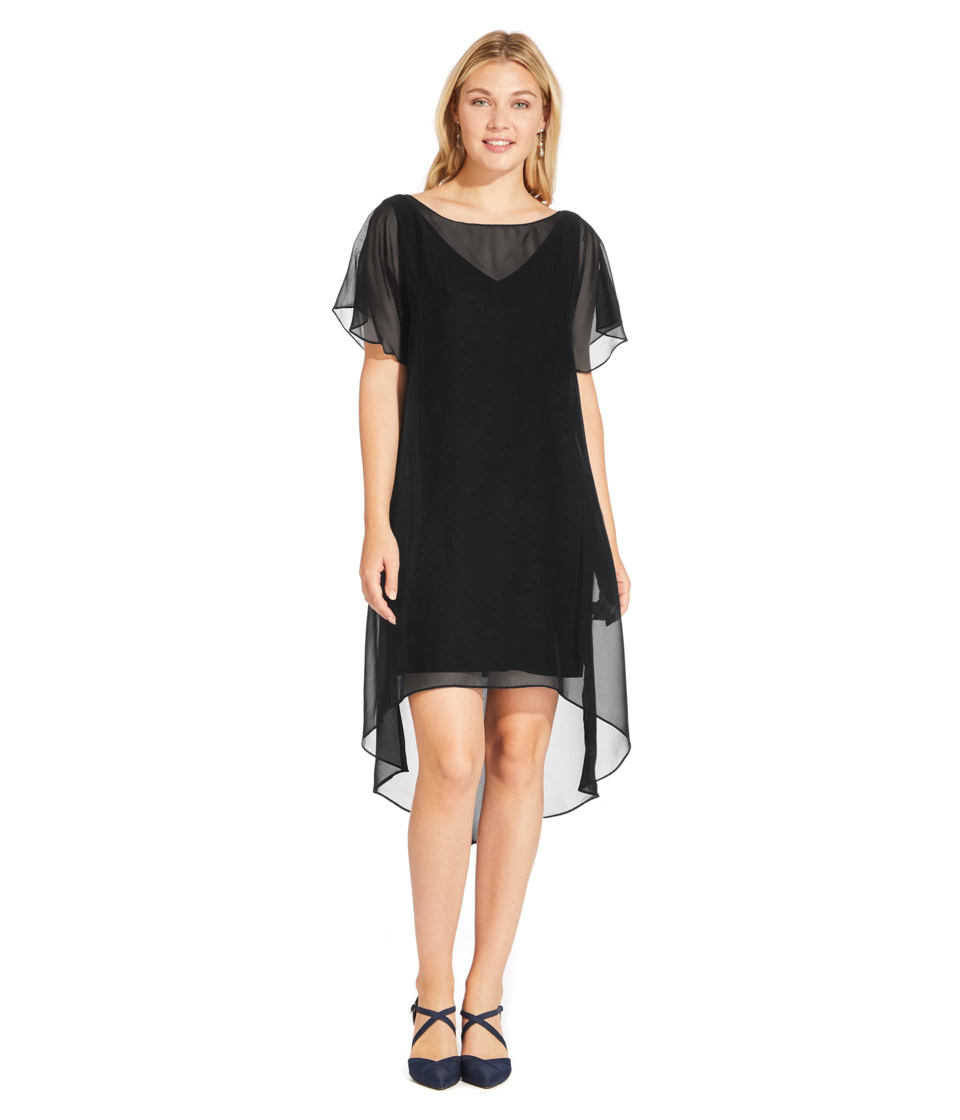 Adrianna Papell Women's Flutter Sleeve Chiffon Dress with High Low Hemline Cocktail, Black, Large
